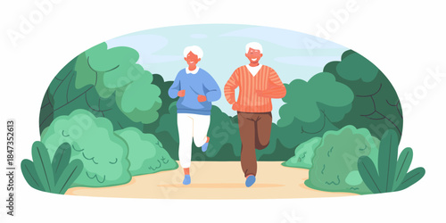 Active seniors enjoying a healthy jog together in a lush green park