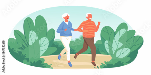 Active senior couple enjoying a healthy jog together in a lush park setting