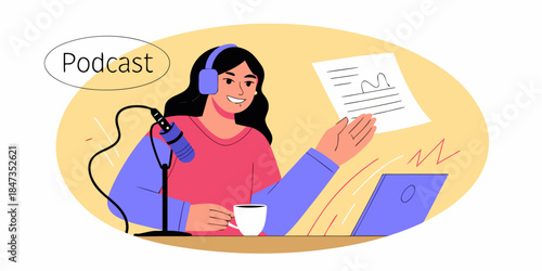 A young woman happily records a podcast with equipment and notes