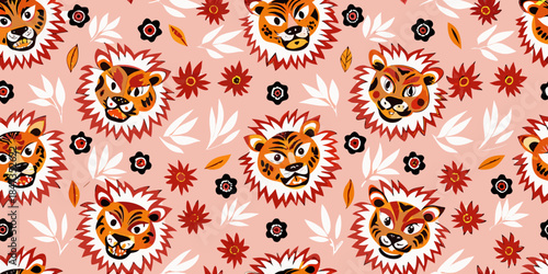Vintage patterned background with repeating lion head motifs and floral elements