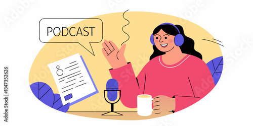 A woman recording a podcast with headphones microphone and notes