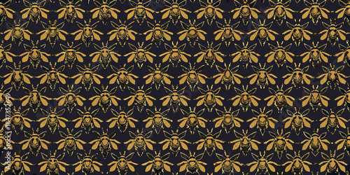 A dense repeating pattern of golden bees on a dark background