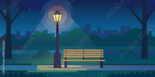 A serene nighttime park scene featuring a glowing lamppost and wooden bench