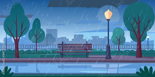 A rainy city park scene with a glowing lamp post and wet pavement