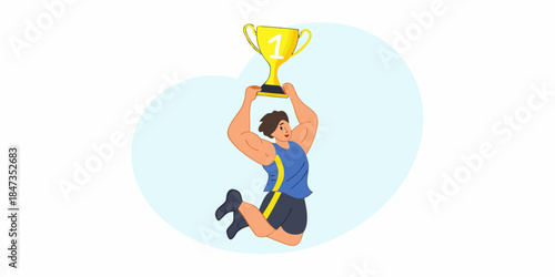 A victorious athlete celebrates with a golden trophy in a joyful jump