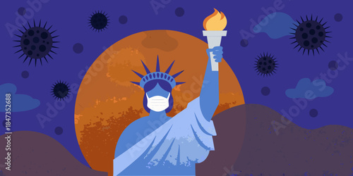 Statue of liberty wearing a mask amid virus outbreak a symbolic illustration