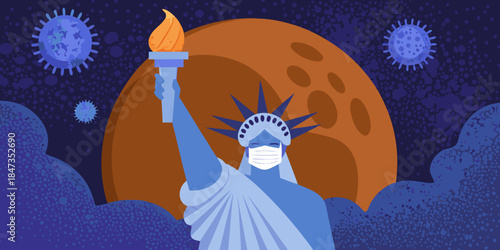 Statue of liberty wearing a mask with virus elements in the background