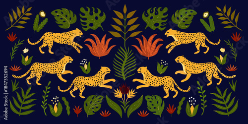Stylized leopards amidst lush tropical foliage on a dark navy background