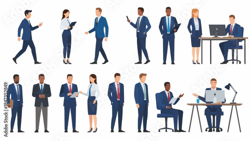 Diverse group of business professionals in various poses and attire.