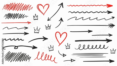 Collection of Hand Drawn Arrows Hearts and Crowns Elements.