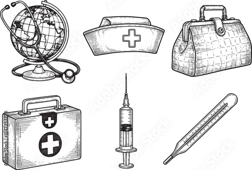 A vintage medical themed illustration featuring various health related objects such as stethoscope, nurse hat, medicine bag, first aid kit, syringe and thermometer. 