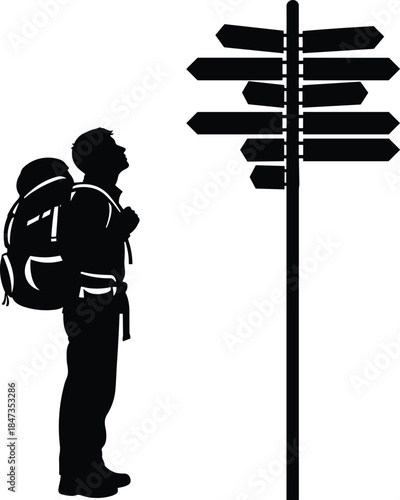 Hiker with Backpack Looking at Signpost Silhouette Vector Illustration, Travel and Adventure Concept, Finding Direction and Making Decisions, Isolated on White