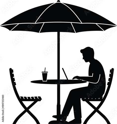Man Working on Laptop at Outdoor Cafe Table Under Umbrella Silhouette Vector, Freelancer Remote Work and Digital Nomad Concept, Isolated on White