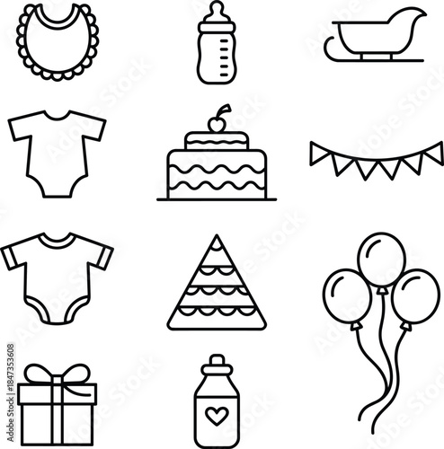 Minimal Outline Icons Set for Baby Shower, Birthday Party, and Christmas Holiday Vector Collection: Clothing, Cake, Balloons, and Gift Box Symbols