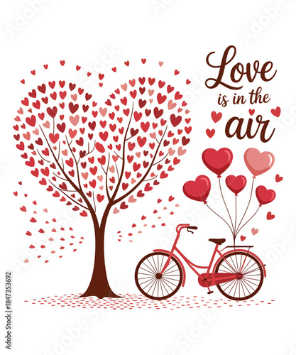Romantic bicycle ride with heart tree and balloons for valentines day celebration t shirt design