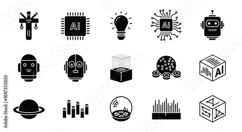 Black and white artificial intelligence icons.