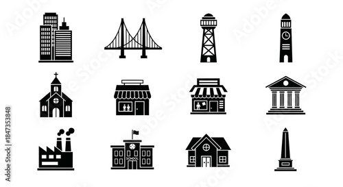 Black and white city buildings icons 1.