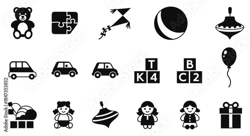 Black and white baby toys icons.