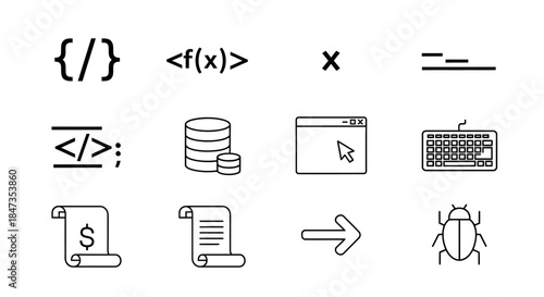 Black and white coding symbols icons.