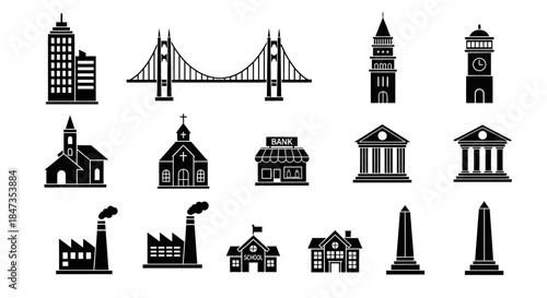 Black and white city buildings icons.