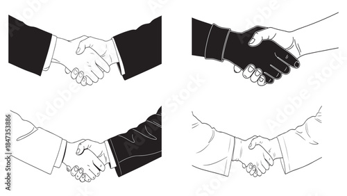 Set of four vector handshake illustrations showing different business angles and suit styles for corporate agreements