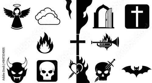 Black and white religious evil symbols.