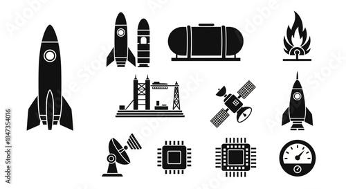 Black and white space rocket icons.