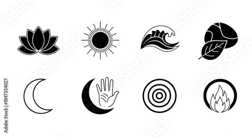 Black and white spiritual symbols icons.