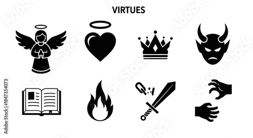 Black and white virtue symbolic icons.