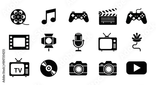 Black icons of media and technology.