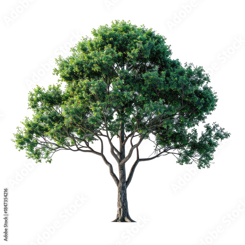 A lush, verdant tree with a broad crown against a pure black background