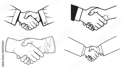 Vector line art collection of business handshakes symbolizing corporate deals and successful professional agreements