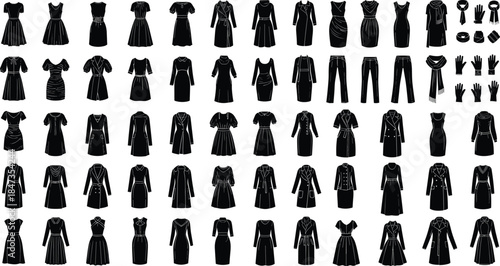 Women's fashion silhouette collection, stylish clothing icons, trendy outfit elements, accessories set, vector illustration for wardrobe planning, retail, design