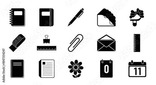 Black icons of office supplies and stationery.