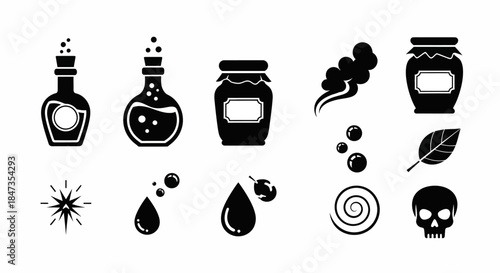 Black icons of potions and poisons.