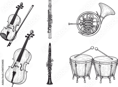 Illustration of musical instruments including violin, cello, clarinet, horn, and drums, hand-drawn with intricate detail. 