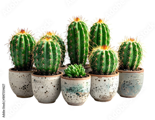 Collection of various cacti in small patterned pots, isolated