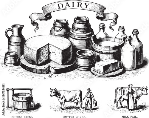Vintage illustration of dairy products, showcasing various items such as milk bottles, cheese, butter and dairy cow with farmer