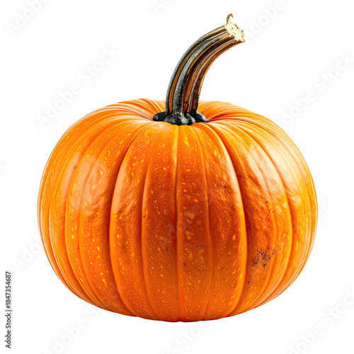 A vibrant orange pumpkin with a curved stem against a black background