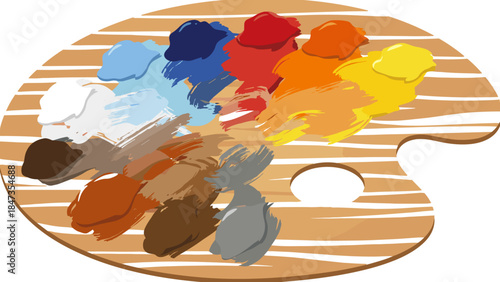 Wooden artist paint palette with swatches of colorful oil or acrylic paint