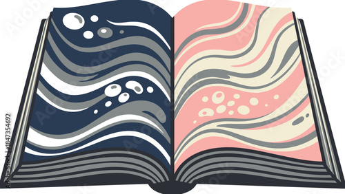Open book with abstract swirling patterns in blue and pink tones