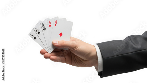 Hand holding playing cards, isolated on transparent background