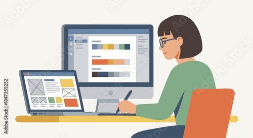 Flat vector illustration of a UX/UI designer working at desk, laptop with wireframes, solid colour palette, clean geometric shapes, minimalist design,