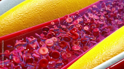 Medical animation showing fat and cholesterol plaque accumulating inside a human blood artery, restricting blood flow and illustrating cardiovascular disease and atherosclerosis.