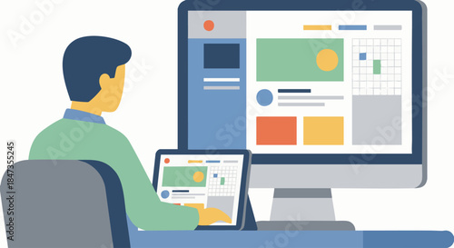 Flat vector illustration of a UX/UI designer creating wireframes, abstract UI blocks and grids, solid colour shapes, flat modern vector illustration, no text