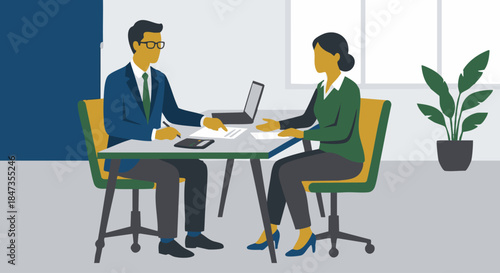 Flat vector illustration of an accountant consulting client, seated discussion at table, professional tone, simplified figures, solid colour design, flat vector style