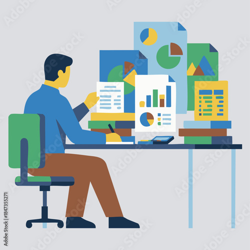 Flat vector illustration of an accountant analyzing financial reports, abstract charts and numbers as shapes, solid colour blocks, flat modern vector illustration
