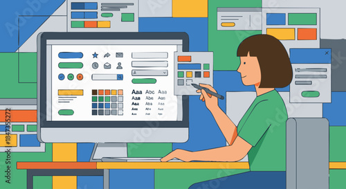 Flat vector illustration of a UX/UI designer building design system, components, buttons, icons arranged geometrically, solid colours only, flat vector illustration