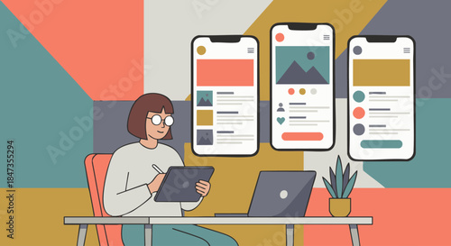 Flat vector illustration of a UX/UI designer reviewing mobile app screens, simplified phone UI shapes, solid colour blocks, minimal detail, modern flat vector illustration
