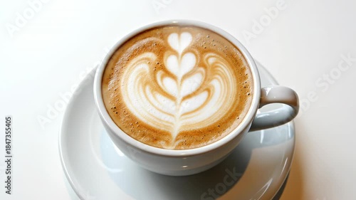Flawless overhead static shot revealing the symmetrical beauty of detailed layered rosetta latte foam art centered inside a pristine cup and saucer on a pure white surface drink, beauty, static